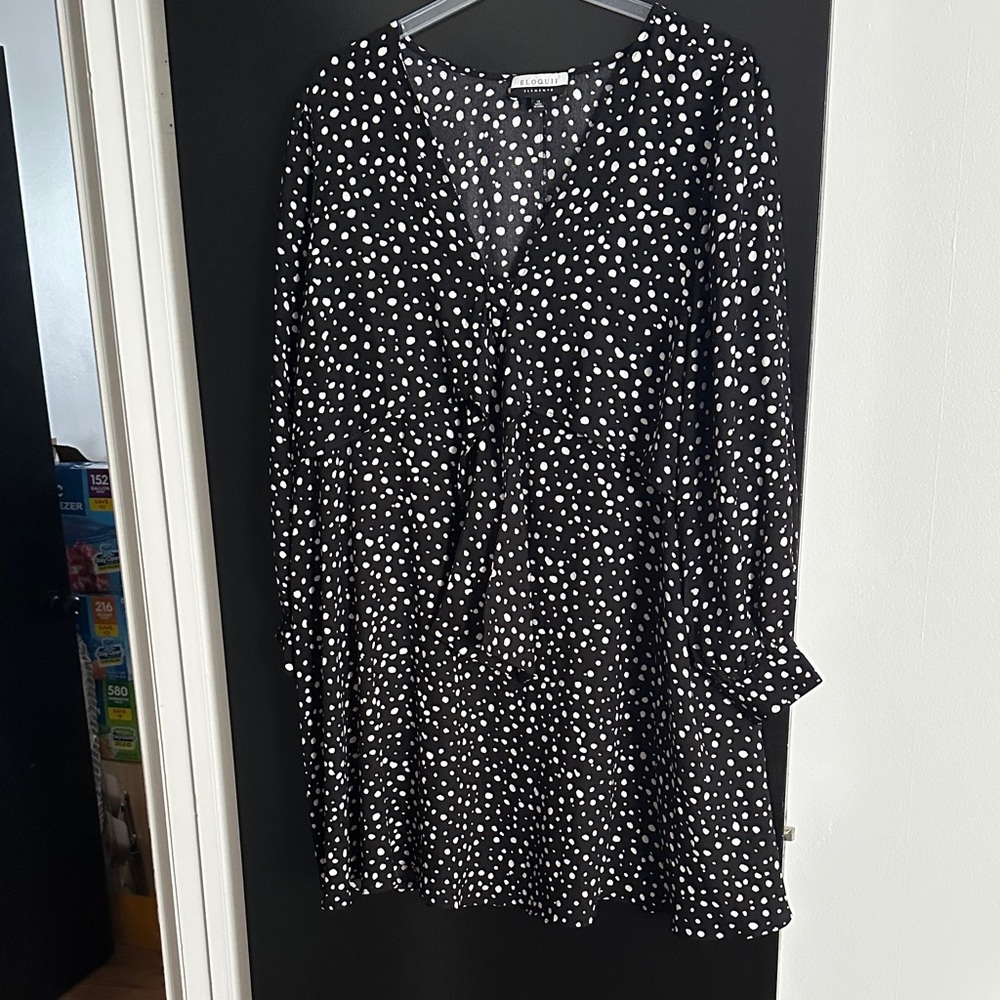 Eloquii Black and White Dotted Long Sleeve Dress